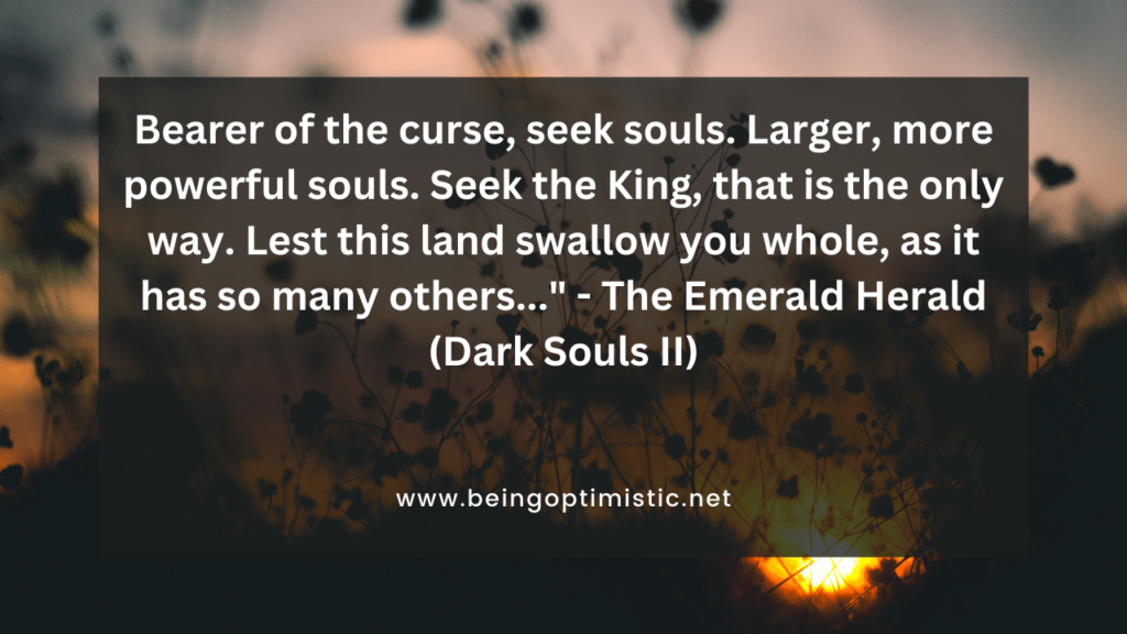 "Bearer of the curse, seek souls. Larger, more powerful souls. Seek the King, that is the only way. Lest this land swallow you whole, as it has so many others..." - The Emerald Herald (Dark Souls II)